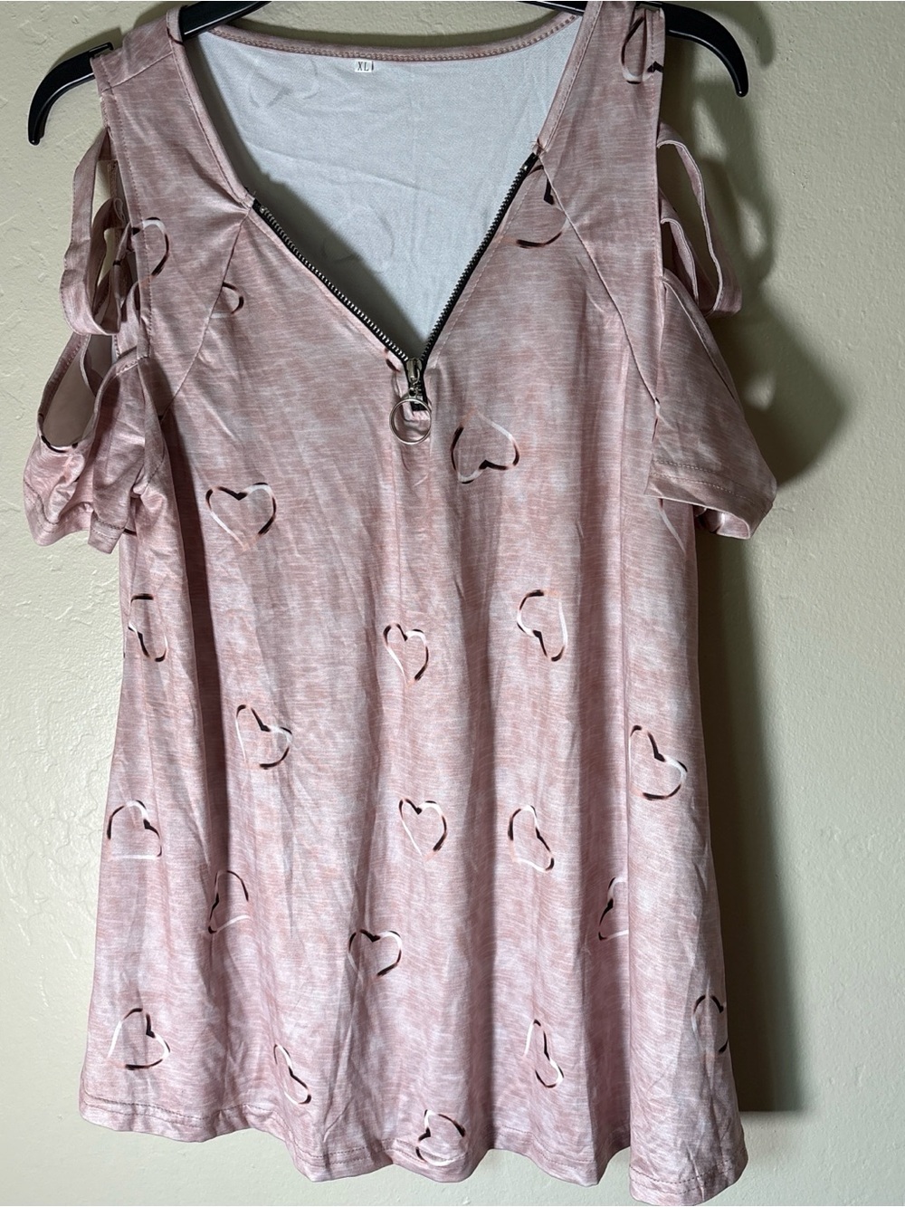 Women's Pink Cold-Shoulder Heart Cutout Top with Zip